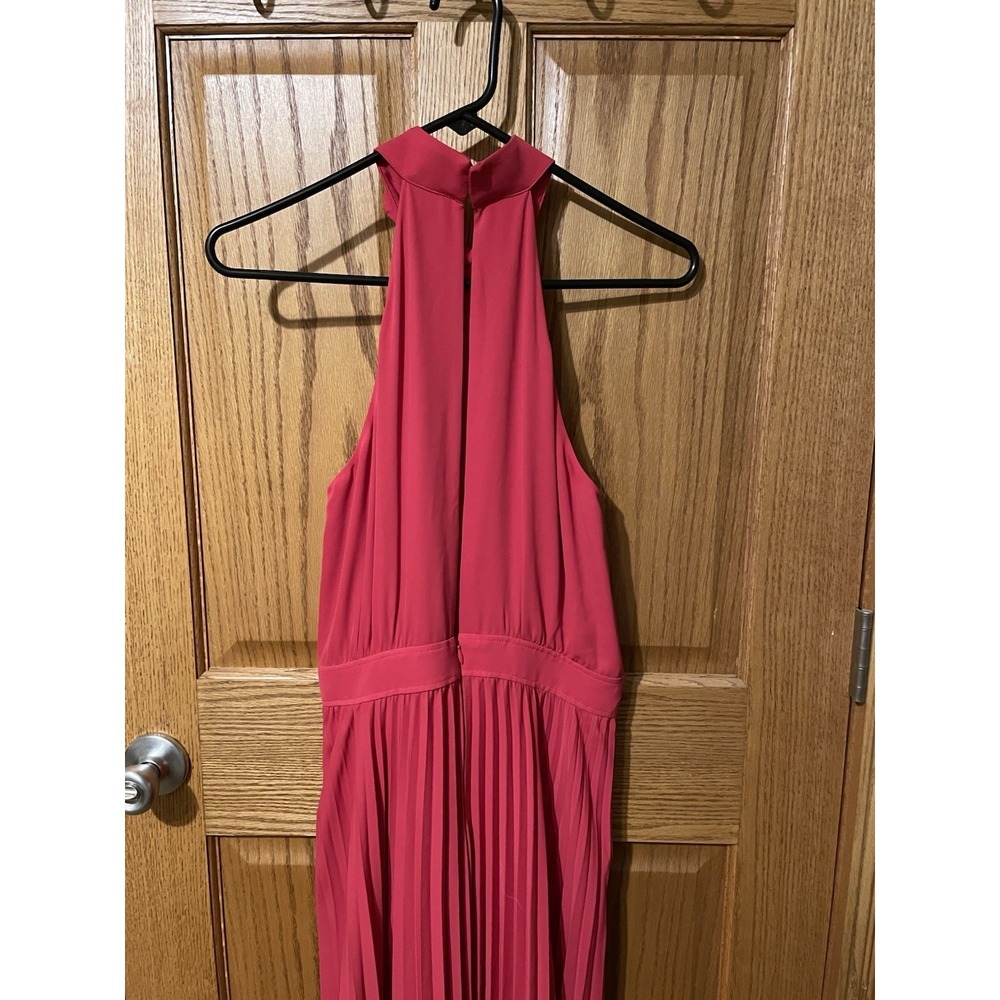 Reiss Red Pleated Halter Midi Dress Berry Pink Gold Button Detail Size 4 - Picture 11 of 14